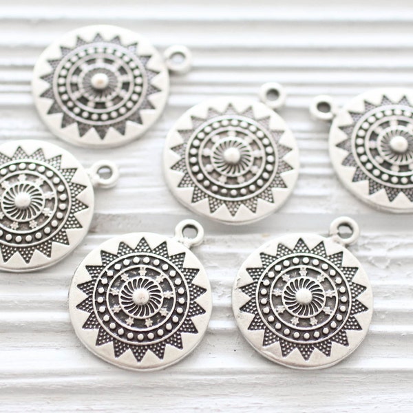 2pc silver tribal pendant, silver spiral pendant, earring components, rustic boho silver pendant, hammered pendant, silver findings, round