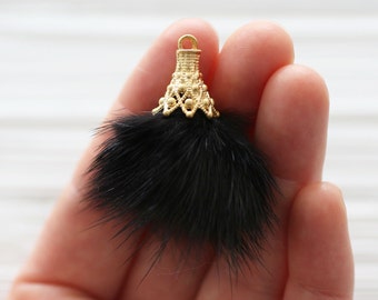 Black faux fur pom pom tassel, pom pom keychain tassel, pom pom, black pom pom earrings tassel, jewelry pom pom with gold cap, dangles, N8