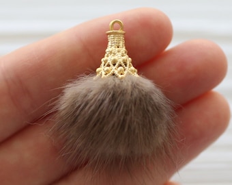 Brown faux fur pom pom tassel, pompom keychain tassel, pom pom, beige melange pom pom earrings tassel,jewelry pom pom w gold cap,dangles,N38