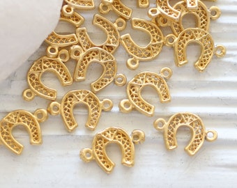 5pc filigree horseshoe charm, horseshoe connect charm,  lucky charms, horse shoe, gold charm connector, gold filigree findings, gold beads