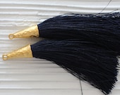 Navy tassel, gold cap navy silk tassel, large tassels, tassel pendant, gold tassel cap, jewelry tassels, silk necklace mala tassel, N17