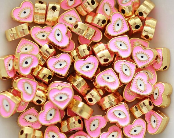 5pc, 9mm pink evil eye beads, heart evil eye, DIY earrings beads, blush pink lucky beads, necklace, bracelet slider beads, spacer beads,EE9H