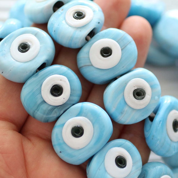 4pc blue evil eye beads, large flat glass beads, lamp work beads, turquoise blue evil eye, organic shaped evil eye beads,DIY decorative bead