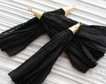 Large black sari silk tassel, silk tassel, black sari silk, gold cap sari silk tassel, black silk tassel, jewelry tassel, necklace tassel,N8