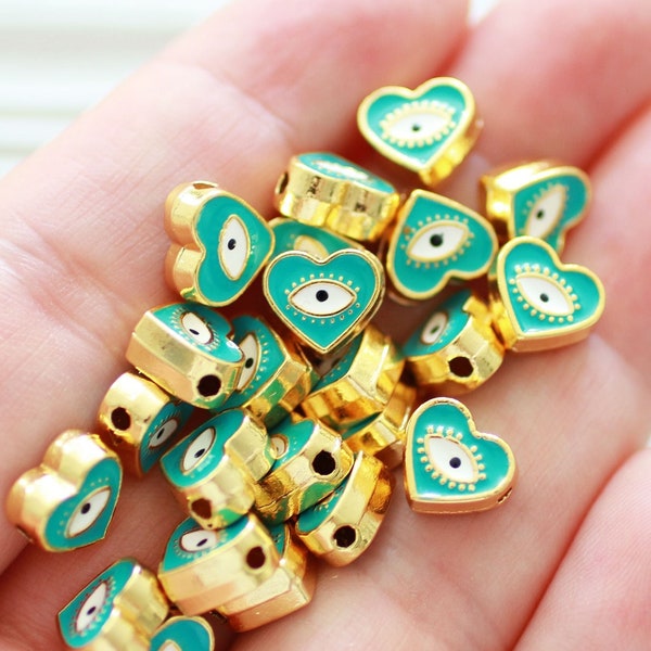 5pc, 9mm turquoise evil eye beads, heart evil eye, DIY earrings beads, lucky beads, necklace, bracelet slider beads, spacer beads, EE9H