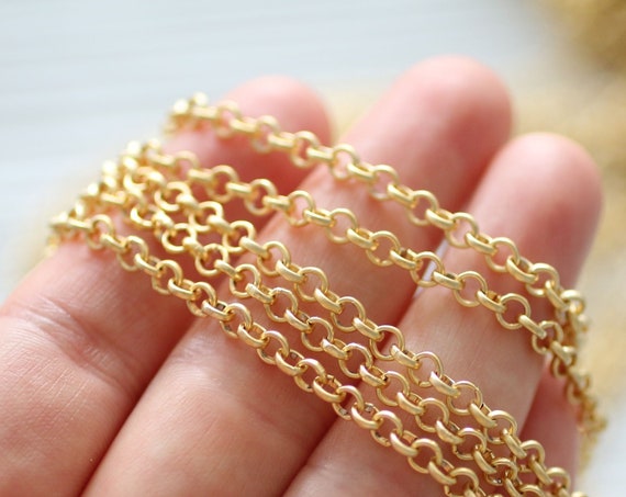 3.3 feet 4mm gold rolo chain, 24K gold plated rolo chain, chain, matte gold chain, rolo chain, gold chain, necklace chain, jewelry chain