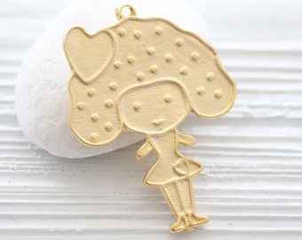 Best friend pendant, gold girl pendant, girl pendant with big hair and heart, kid jewelry pendant, daughter, sister, girl friend pendant