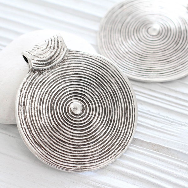 Large round silver pendant, silver medallion, silver spiral pendant, silver tribal pendant, large medallion, large metal pendant, antique