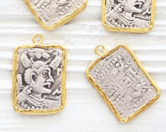 Rectangular coin pendant, earrings coin charm, gold bezel silver coin pendant, coin charm gold, dangles, replica Greek coins, ancient coin