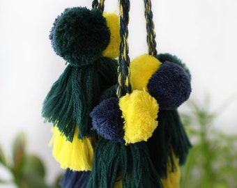 Green yellow pom pom tassel, purse charm, multicolor pom poms tassel bag charm, keychain pom poms, knob decorative pom poms, tassel swags