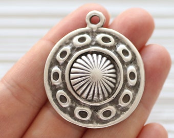 Dangle pendant silver, large round pendant, antique silver, spiral pendant, rustic pendant, tribal findings,hammered pendant, convex pendant