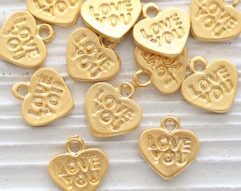 10pc heart charm, love you charms, necklace charms gold, heart charms for bracelet, stamped heart pendant, heart dangle, earrings charms
