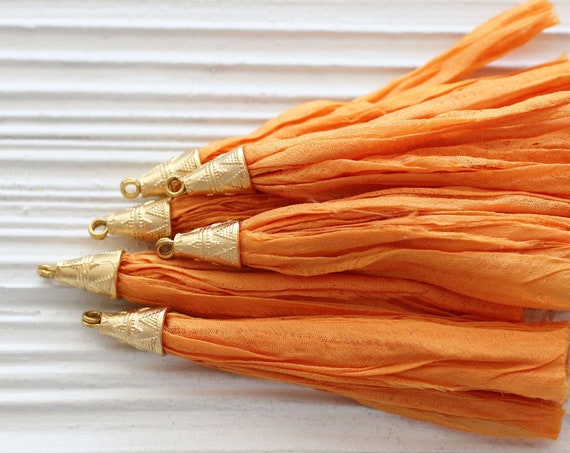 Orange sari silk tassel, orange tassel, mala tassel, purse tassel, orange sari silk, large gold cap tassel, jewelry necklace tassel, N26