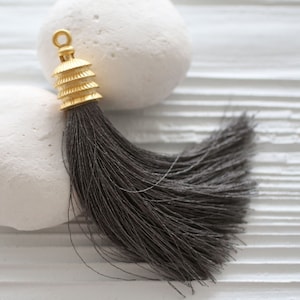 Gray silk tassel, gold cap tassel, keychain tassel, bag tassel charm, tassel pendant, grey, jewelry tassels, decor tassels, mala tassel, N24