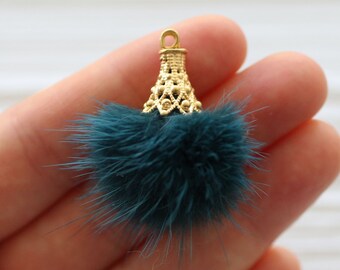 Teal blue faux fur pom pom tassel, teal pom pom earrings tassel, pom pom keychain tassel, pompom, necklace pom pom with gold cap, dangles,N1