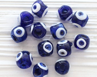 10pc blue evil eye beads, glass beads, lamp work beads, navy blue, large round evil eye, necklace bracelet organic shaped evil eye beads