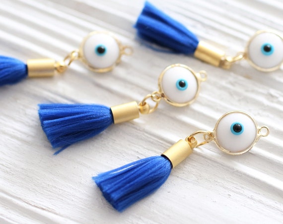 Cobalt blue tassel pendant with evil eye, evil eye pendant, necklace earrings dangle, tassel, tassel findings, white evil eye, navy tassel