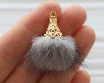 Gray melange faux fur pom pom tassel, pom pom keychain tassel, grey pom pom, pom pom earrings tassel, jewelry pom pom w gold cap,dangles,N37