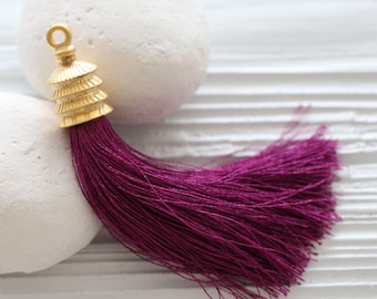 Plum silk tassel, magenta, purple, gold cap tassel, large tassels, silk tassel, jewelry tassels, fuchsia tassel, necklace tassel charm, N21