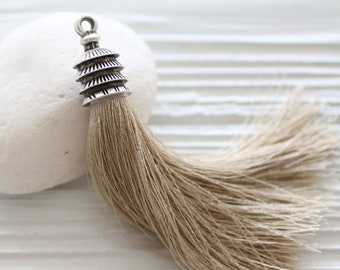 Taupe silk tassel pendant, brown, camel, silver cap, purse tassel charm, tan, beige tassel, jewelry tassels, knob decoration tassel, N25
