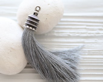 Silk gray tassel, purse tassel, jewelry tassel charm, silver cap, grey, mala tassel, necklace tassel, silk tassel,tassel pendant, N37