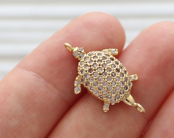 Turtle pave pendant, rhinestone pendant, pave connector, gold pave charms, necklace rhinestone unique findings, cz charms connector