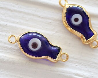 2pc evil eye connector, navy blue, fish charm, glass beads, earrings charms, bracelet connector, gold, necklace dangle, animal findings