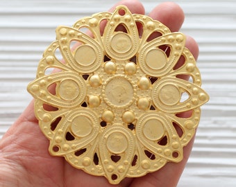 Focal pendant gold, medallion gold, large round pendant, multi strand matte gold pendant connector, focal connector, hammered tribal pendant