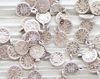 10pc silver coins, disc charms, metal coins, coin charms, silver beads, metal charms, necklace dangles, old coins, charms for bracelets, S1