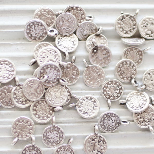 10pc silver coins, disc charms, metal coins, coin charms, silver beads, metal charms, necklace dangles, old coins, charms for bracelets, S1