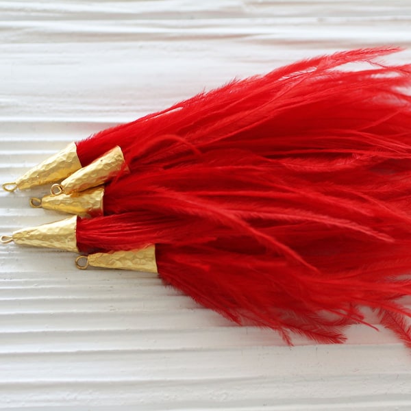 Red feather tassel, red tassel, crimson red, feather earrings tassel, jewelry tassels with gold cap, necklace tassel, purse tassel charm,N27