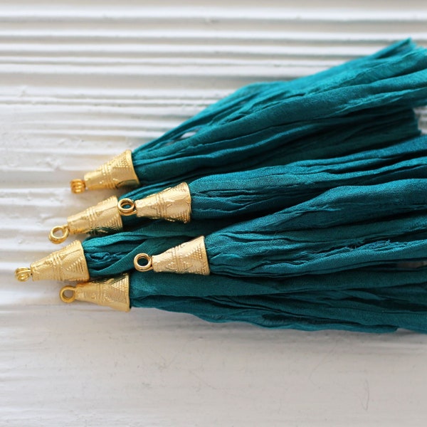 Teal sari silk tassel, bluish, large tassels, teal blue silk tassels, earrings tassel, tassel dangle, zipper tassel charm, purse charm, N1