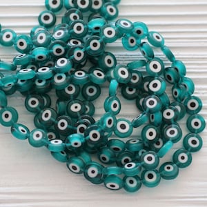 15", 36pc, 10mm teal evil eye beads, flat glass beads, lamp work beads, teal green blue evil eye, round glass beads, DIY evil eye beads,EE10