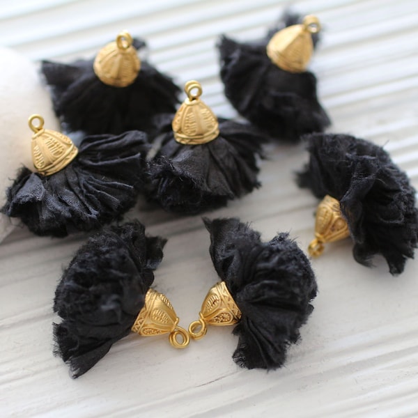 Black sari silk pom pom tassel, sari silk tassel, tassel with cap, black tassel, home decor, keychain, earrings necklace tassel dangle, N8