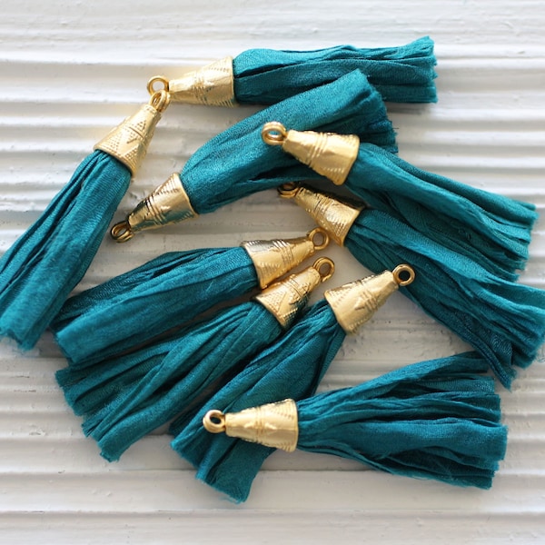 Teal sari silk tassel, bluish teal, short tassels, silk tassels, earrings tassel, tassel dangle, zipper tassel charm, purse charm, N1