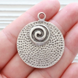 Hammered silver pendant, large round pendant, metal necklace pendant, large spiral pendant, silver tribal pendant, rustic, boho pendant