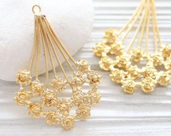 Flower branch pendant, filigree gold pendant, large daisy branch pendant, filigree leaf pendant, filigree findings, earrings dangle charms