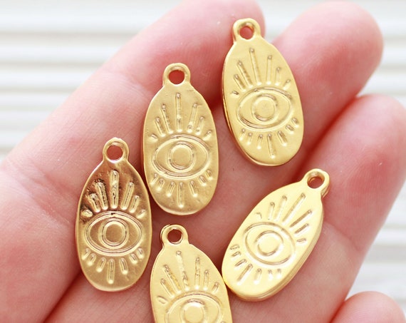 5pc evil eye charms gold, tribal charms, earring charms, necklace charms, evil eye metal beads, oval drop charms, rustic charm pendant