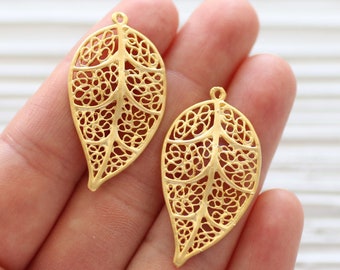 2pc leaf pendant charm, gold filigree leaf, filigree leaf earrings charm, filigree pendant, filigree findings, earrings dangle charm