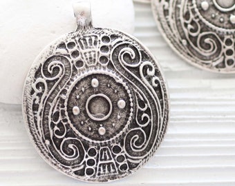 Tribal pendant silver, large round pendant, silver focal pendant, medallion pendant, large metal pendant, silver findings for jewelry
