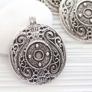 Tribal pendant silver, large round pendant, silver focal pendant, medallion pendant, large metal pendant, silver findings for jewelry