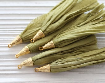 Olive green sari silk tassel, pistachio, green silk tassel, silk tassels, sari silk, earrings tassel, handmade necklace tassel, N32