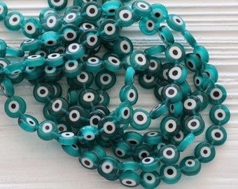 15", 36pc, 10mm teal evil eye beads, flat glass beads, lamp work beads, teal green blue evil eye, round glass beads, DIY evil eye beads,EE10