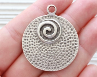 Hammered silver pendant, large round pendant, metal necklace pendant, large spiral pendant, silver tribal pendant, rustic, boho pendant