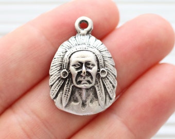 Chief head pendant with headdress, Indian chief pendant silver, native American face jewelry pendant connector, silver earrings charms