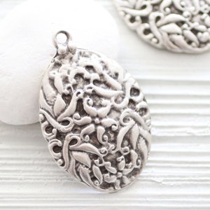Hammered silver pendant, large drop pendant, hammered metal, textured, unique necklace pendant, rustic jewelry findings