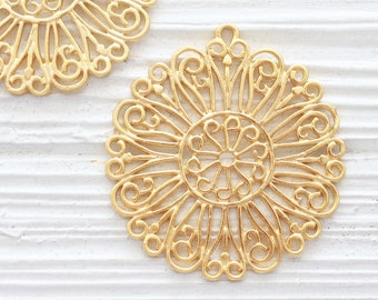 Filigree round centerpiece pendant with cut out details, gold unique findings, gold filigree findings, heart pendant with spiral details