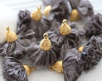 Dark gray sari silk tassel, silk pom pom tassel with cap, smoke grey tassel, keychain, earrings necklace tassel, purse tassel charm, N24
