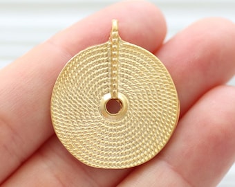 Round pendant gold, spiral pendant, spiral earrings charms, large charms, gold tribal pendant, metal pendant, gold focal pendant, tribal