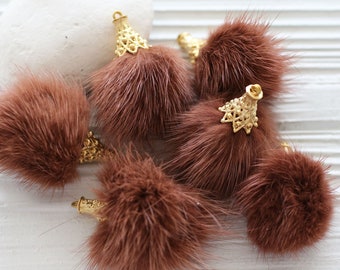 Terracotta pom pom tassel, copper brown pom pom keychain tassel, faux fur pom pom earrings tassel, tassel with gold cap, purse tassel, N56
